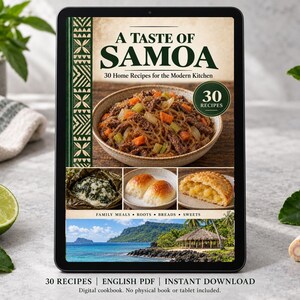 Digital cookbook mockup displaying the actual A Taste of Samoa cover. English PDF download only; no tablet or physical book included.