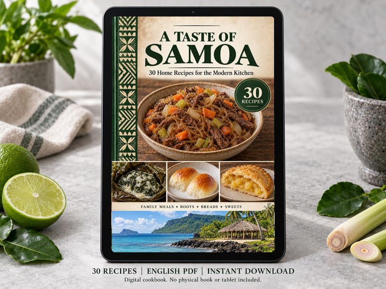 Digital cookbook mockup displaying the actual A Taste of Samoa cover. English PDF download only; no tablet or physical book included.