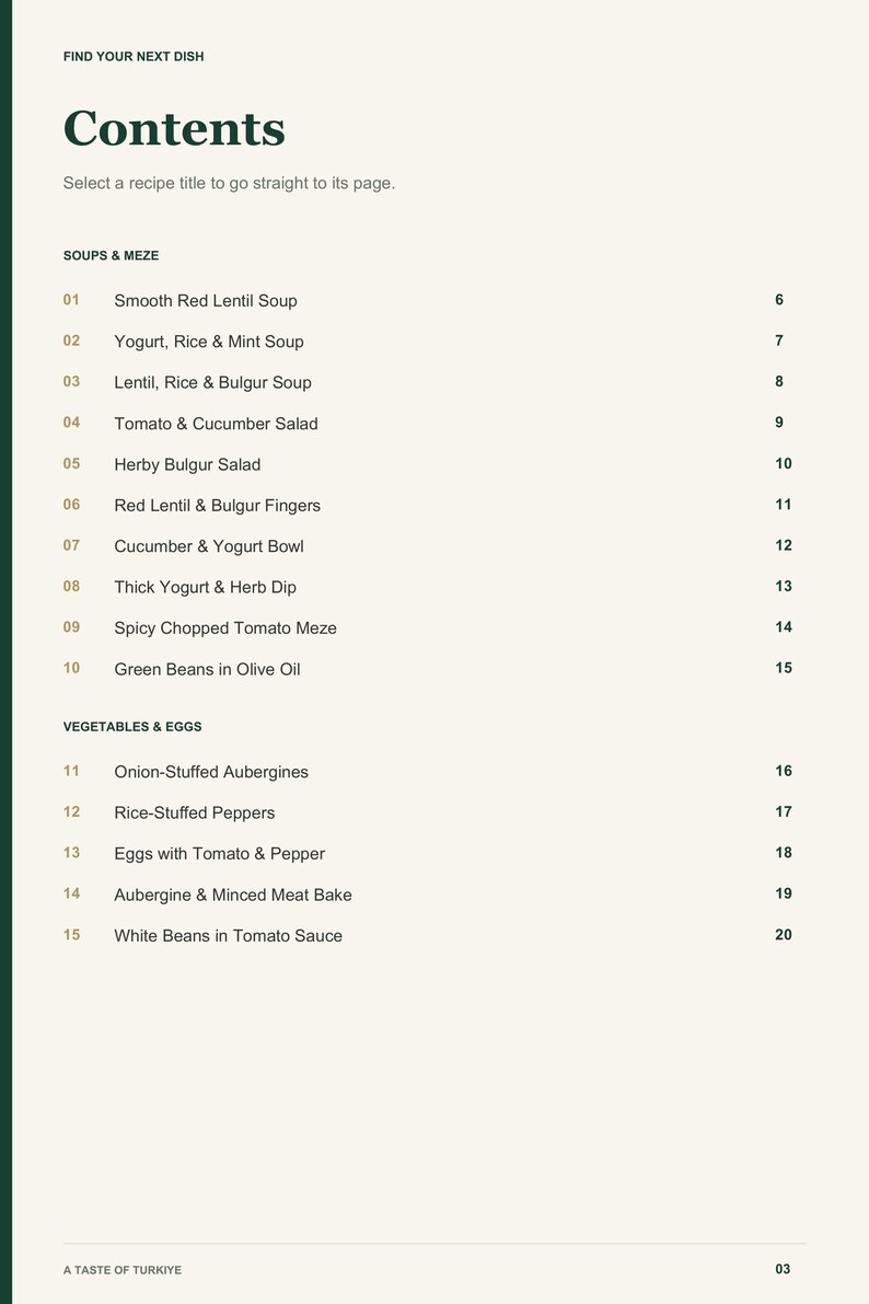 Actual PDF page 3 from A Taste of Turkiye: Contents, page 1.