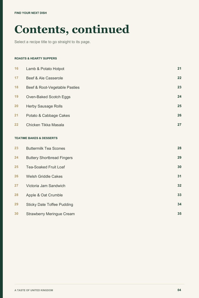 Actual PDF page 4 from A Taste of United Kingdom: Contents, page 2.