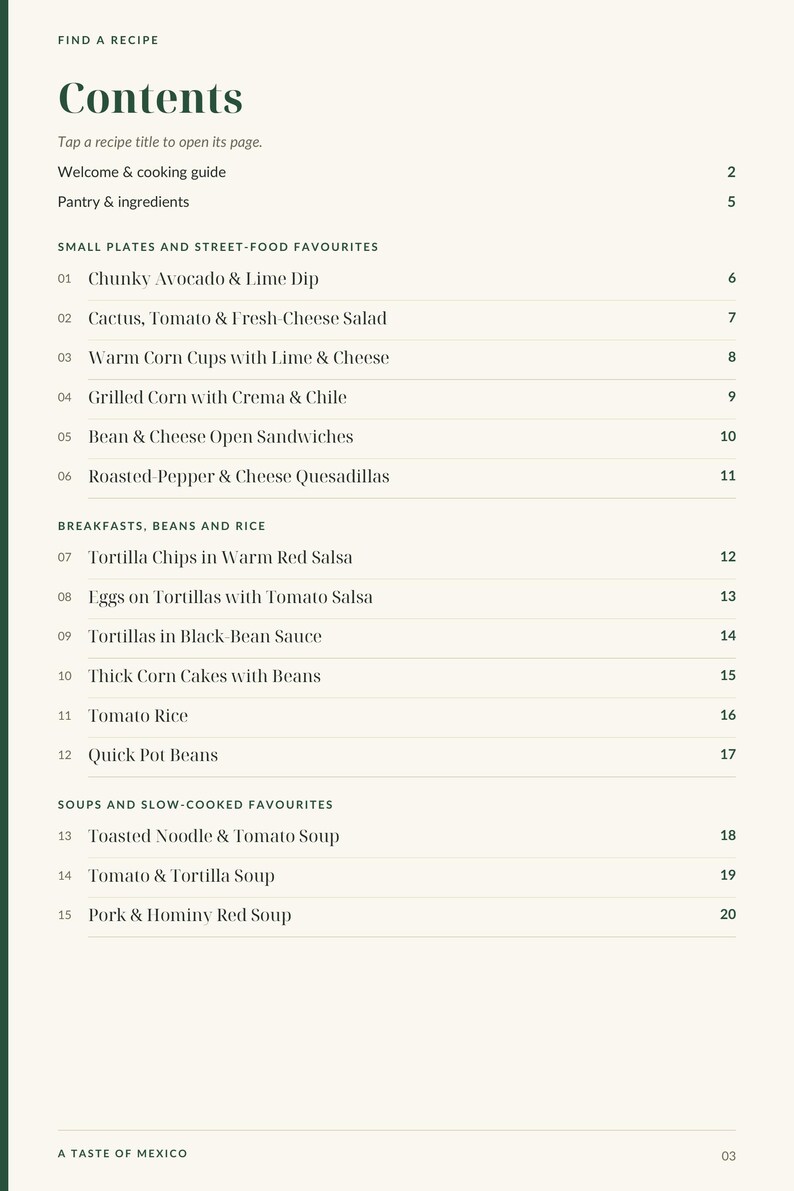 Actual PDF page 3 from A Taste of Mexico: Contents, page 1.