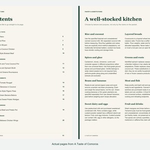 Actual contents and kitchen-notes pages from A Taste of Comoros.