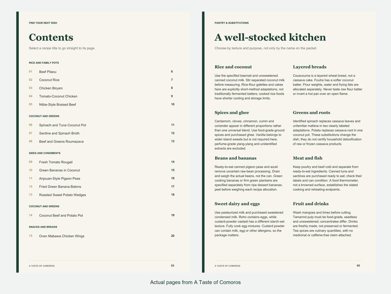 Actual contents and kitchen-notes pages from A Taste of Comoros.