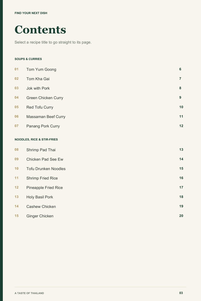 Actual PDF page 3: A Taste of Thailand contents, soups, curries, noodles and rice.