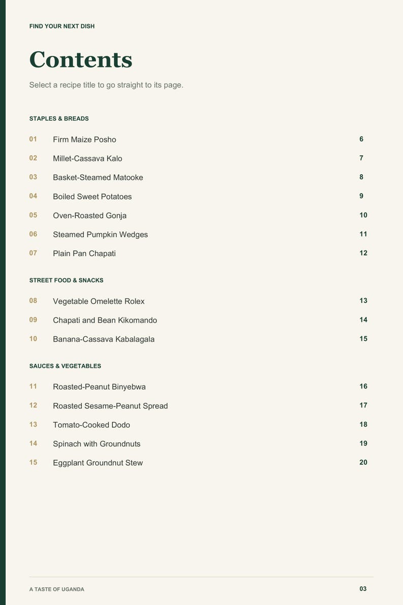 Actual PDF page 3 from A Taste of Uganda: Contents, page 1.