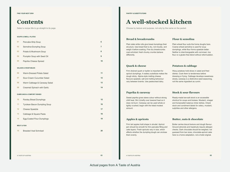 Actual contents and kitchen-notes pages from A Taste of Austria.