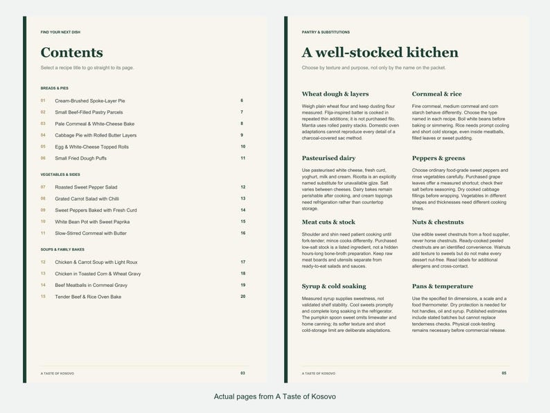 Actual contents and kitchen-notes pages from A Taste of Kosovo.