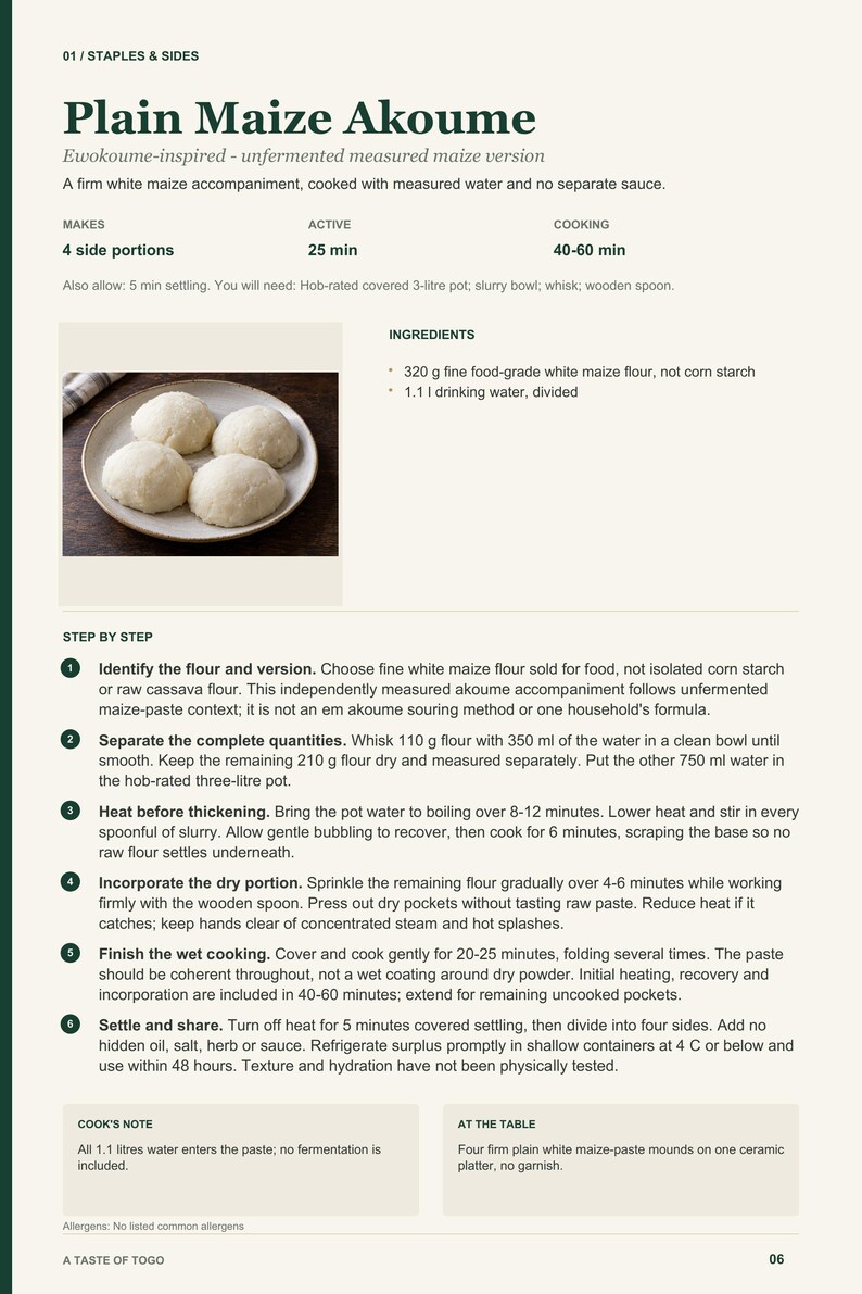 Actual PDF page 6 from A Taste of Togo: Plain Maize Akoume recipe page.