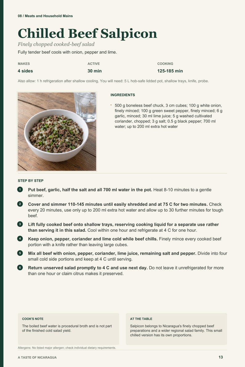 Actual PDF page 13 from A Taste of Nicaragua: Chilled Beef Salpicon recipe page.
