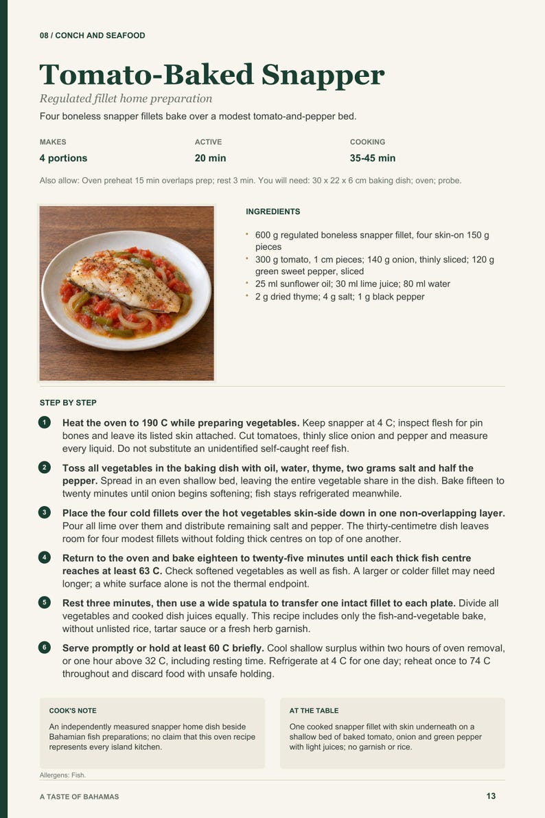 Actual PDF page 13 from A Taste of Bahamas: Tomato-Baked Snapper recipe page.
