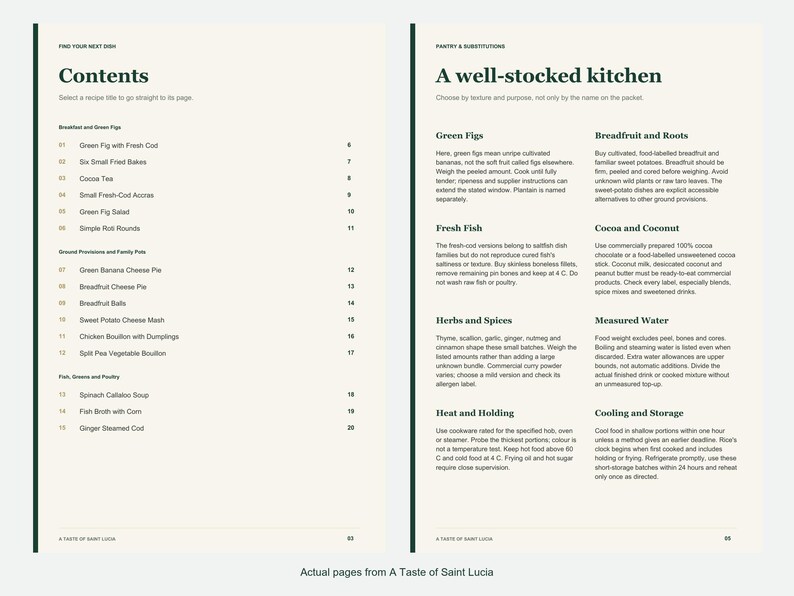 Actual contents and kitchen-notes pages from A Taste of Saint Lucia.