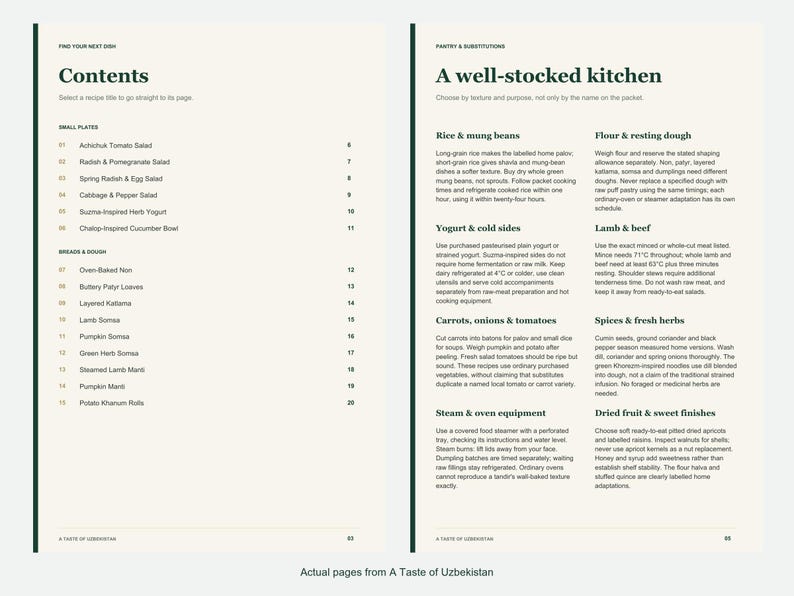 Actual contents and kitchen-notes pages from A Taste of Uzbekistan.
