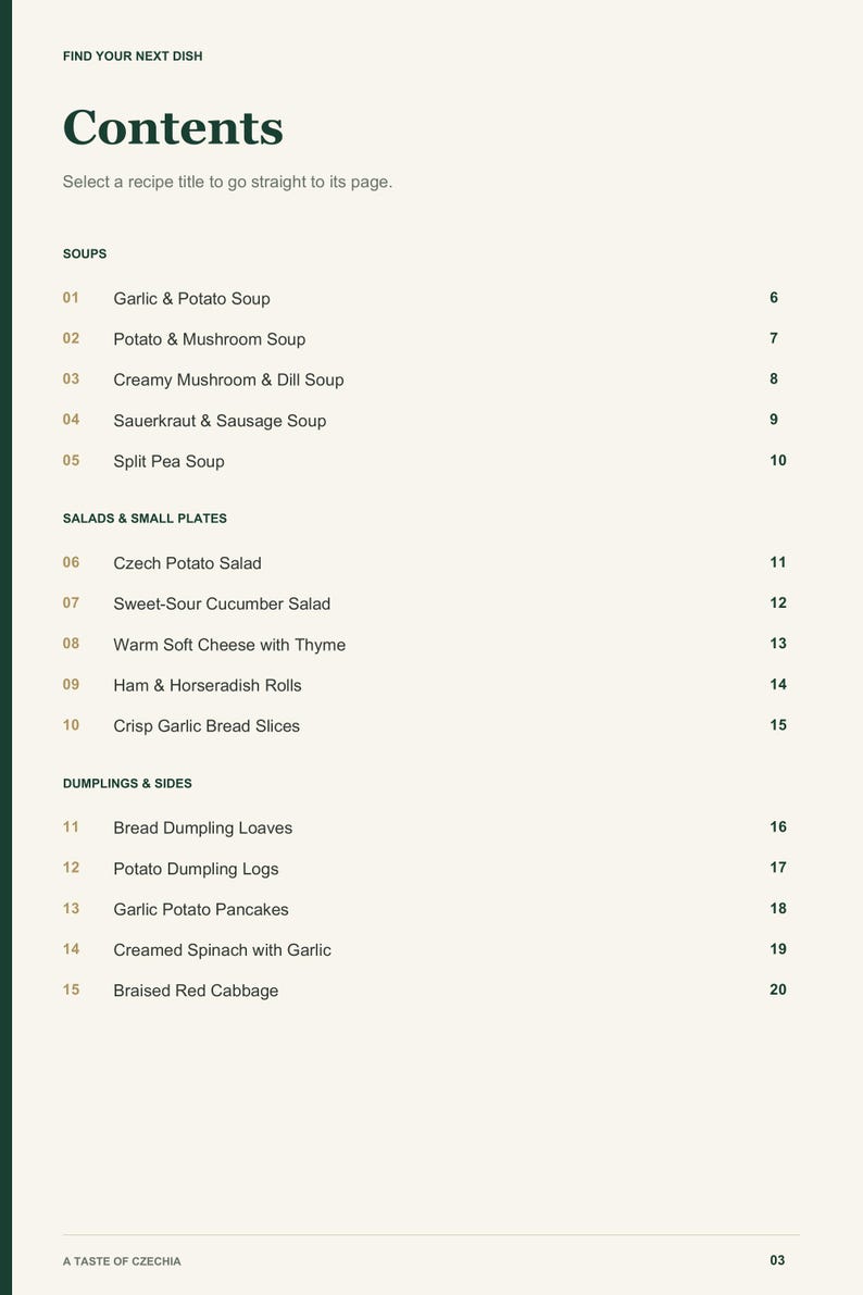Actual PDF page 3 from A Taste of Czechia: Contents, page 1.