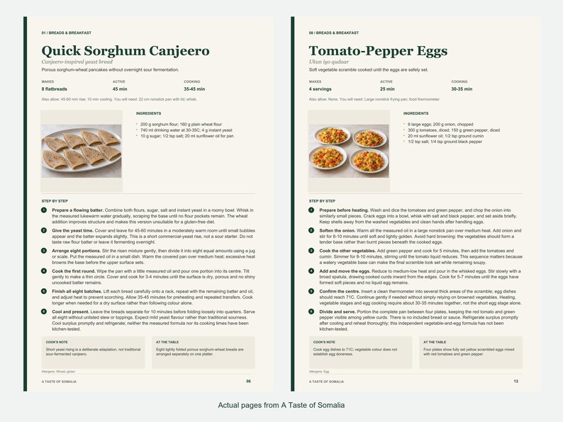 Two actual recipe pages from A Taste of Somalia.