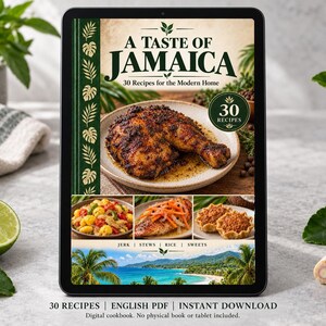 Digital cookbook mockup displaying the actual A Taste of Jamaica cover. English PDF download only; no tablet or physical book included.