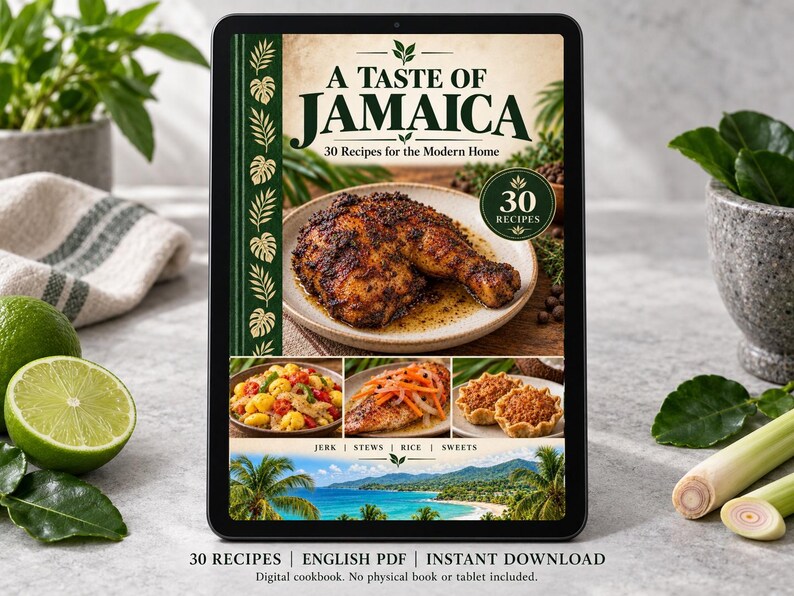 Digital cookbook mockup displaying the actual A Taste of Jamaica cover. English PDF download only; no tablet or physical book included.