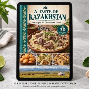 Digital cookbook mockup displaying the actual A Taste of Kazakhstan cover. English PDF download only; no tablet or physical book included.