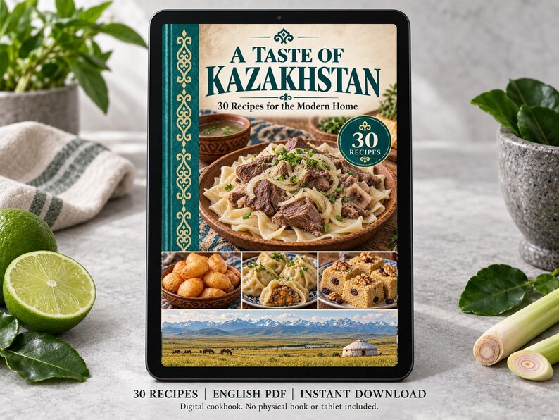 Digital cookbook mockup displaying the actual A Taste of Kazakhstan cover. English PDF download only; no tablet or physical book included.