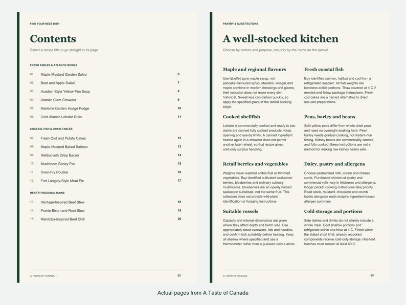 Actual contents and kitchen-notes pages from A Taste of Canada.