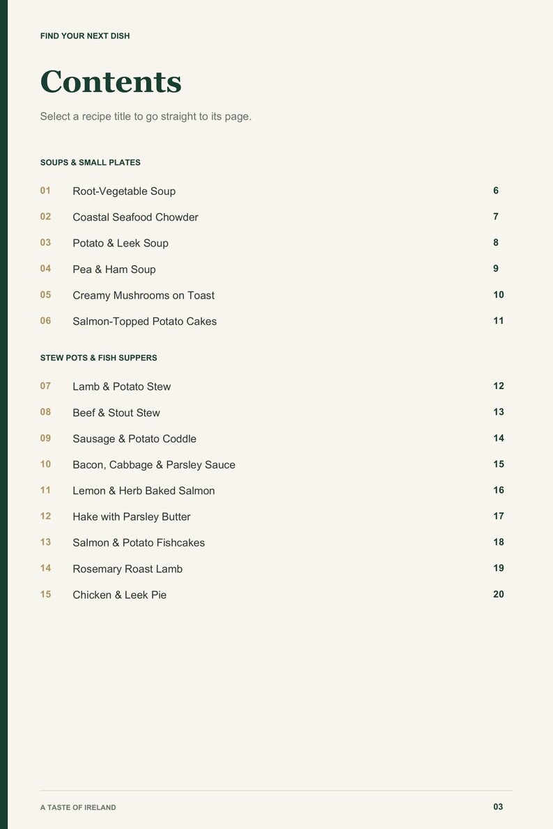Actual PDF page 3 from A Taste of Ireland: Contents, page 1.