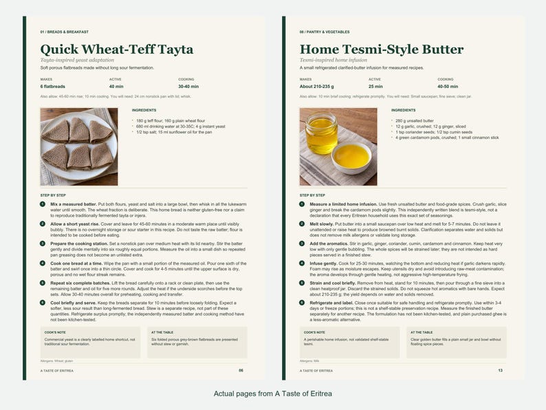 Two actual recipe pages from A Taste of Eritrea.
