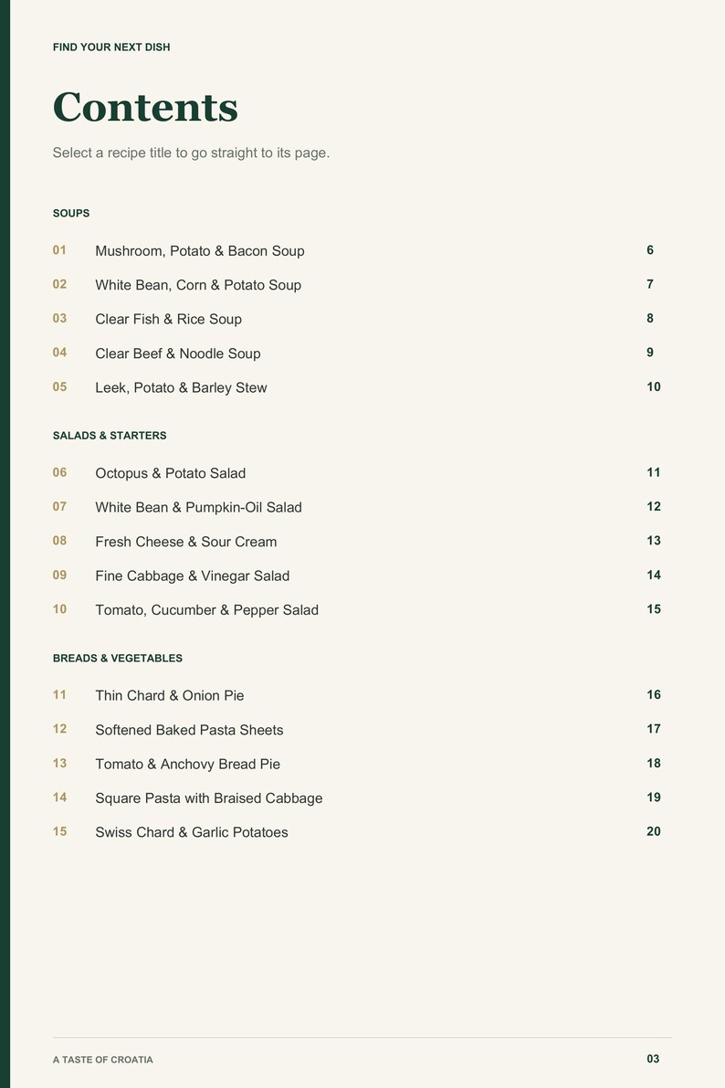 Actual PDF page 3 from A Taste of Croatia: Contents, page 1.