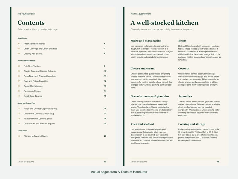 Actual contents and kitchen-notes pages from A Taste of Honduras.