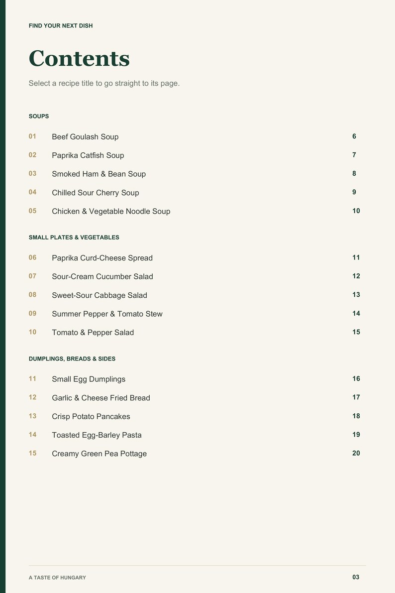 Actual PDF page 3 from A Taste of Hungary: Contents, page 1.