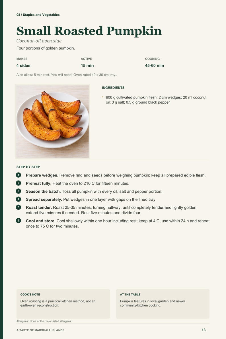 Actual PDF page 13 from A Taste of Marshall Islands: Small Roasted Pumpkin recipe page.