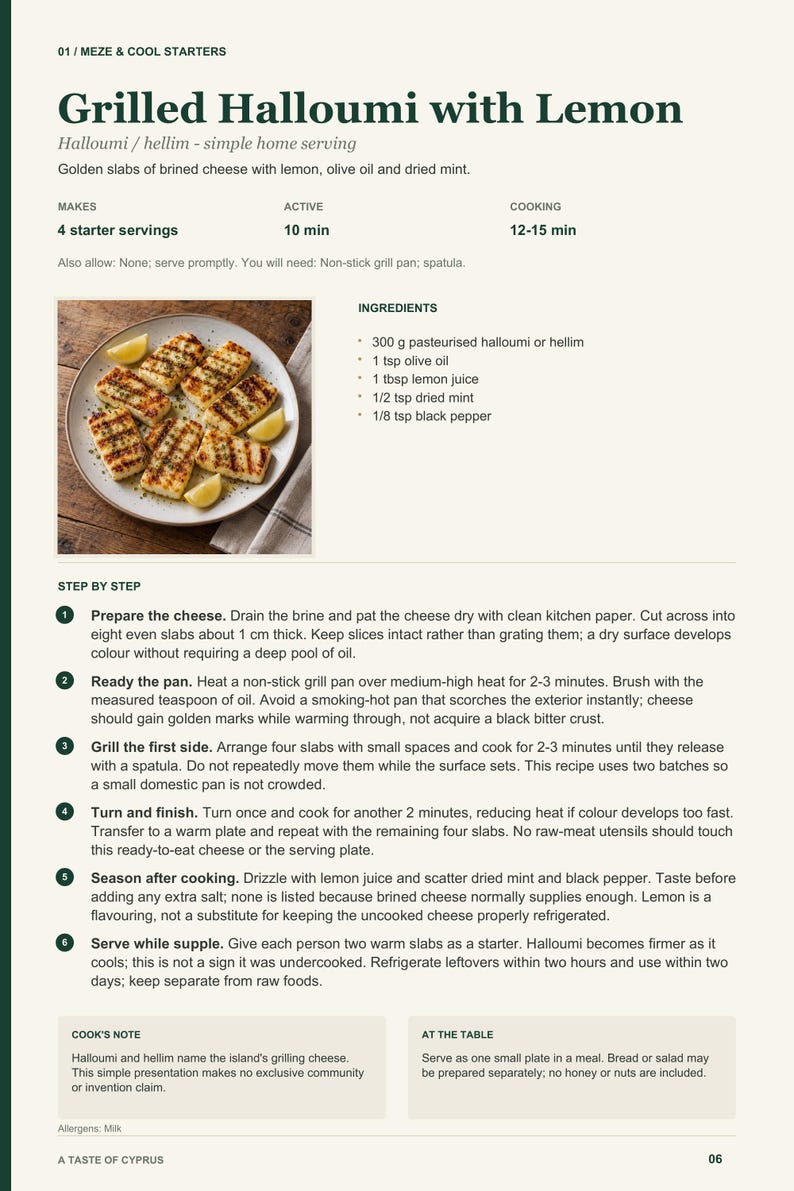 Actual PDF page 6 from A Taste of Cyprus: Grilled Halloumi with Lemon recipe page.