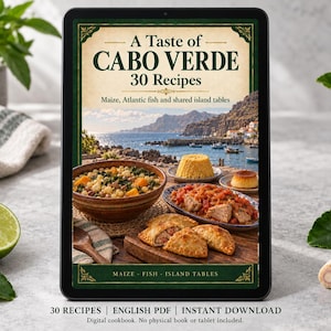 Digital cookbook mockup displaying the actual A Taste of Cabo Verde cover. English PDF download only; no tablet or physical book included.