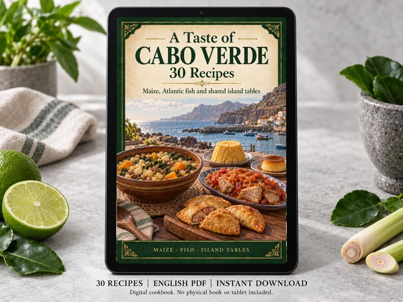 Digital cookbook mockup displaying the actual A Taste of Cabo Verde cover. English PDF download only; no tablet or physical book included.
