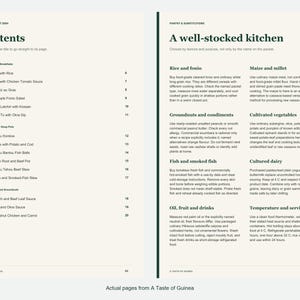 Actual contents and kitchen-notes pages from A Taste of Guinea.