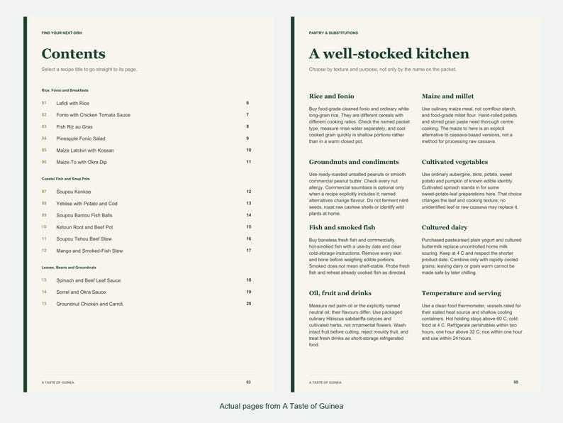 Actual contents and kitchen-notes pages from A Taste of Guinea.