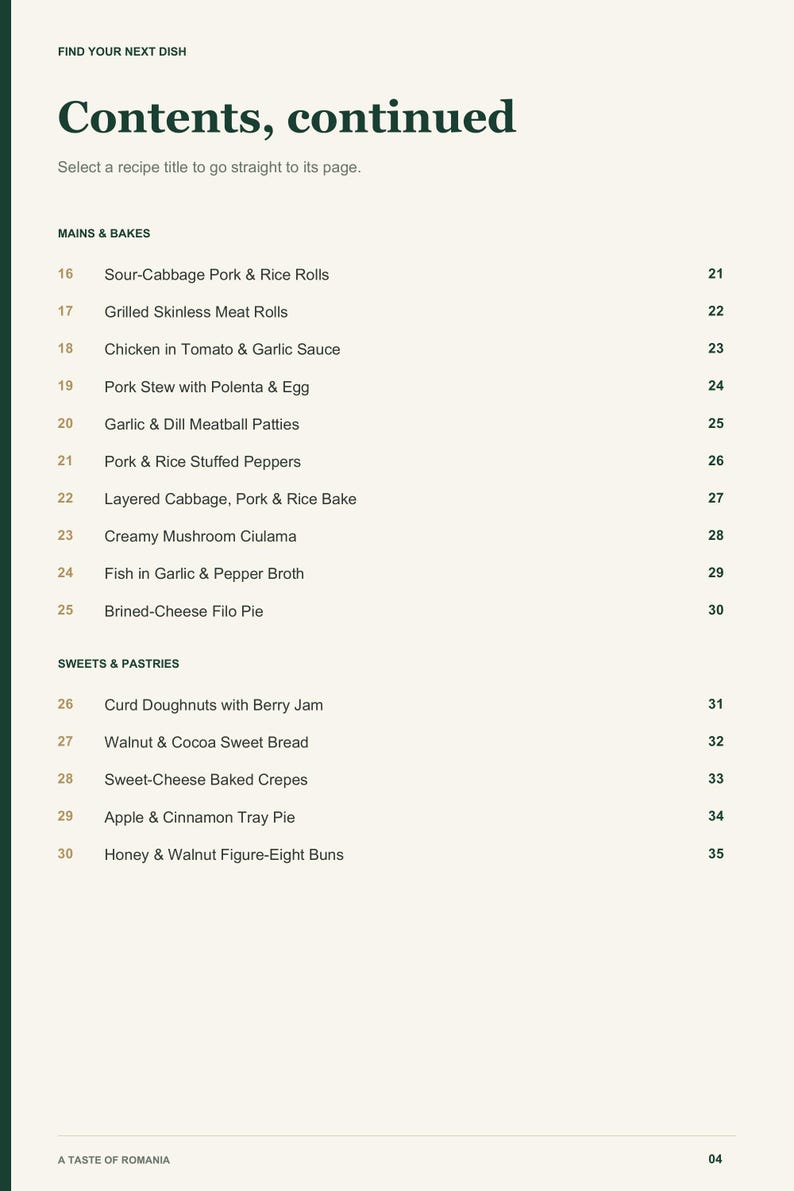 Actual PDF page 4 from A Taste of Romania: Contents, page 2.