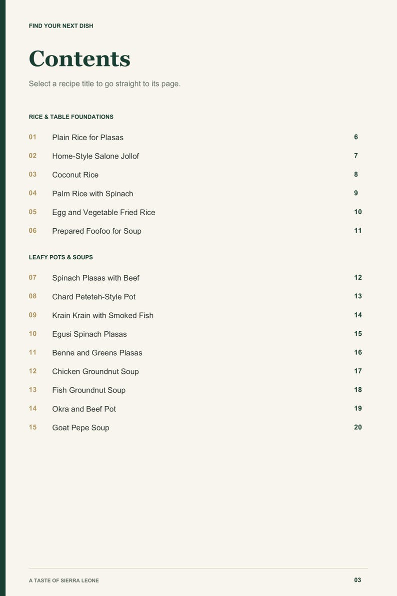 Actual PDF page 3 from A Taste of Sierra Leone: Contents, page 1.