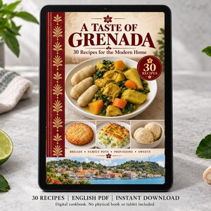 Digital cookbook mockup displaying the actual A Taste of Grenada cover. English PDF download only; no tablet or physical book included.