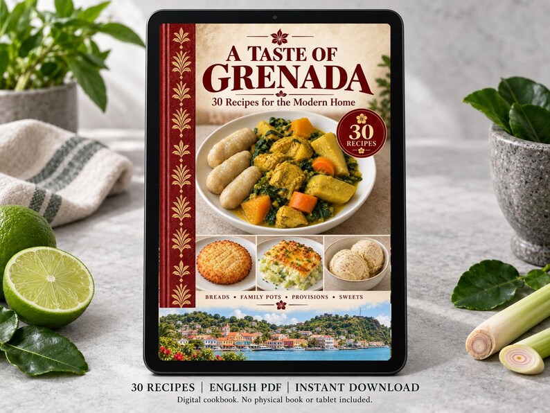 Digital cookbook mockup displaying the actual A Taste of Grenada cover. English PDF download only; no tablet or physical book included.