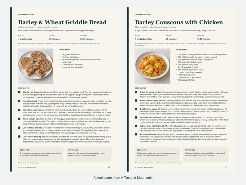 Two actual recipe pages from A Taste of Mauritania.