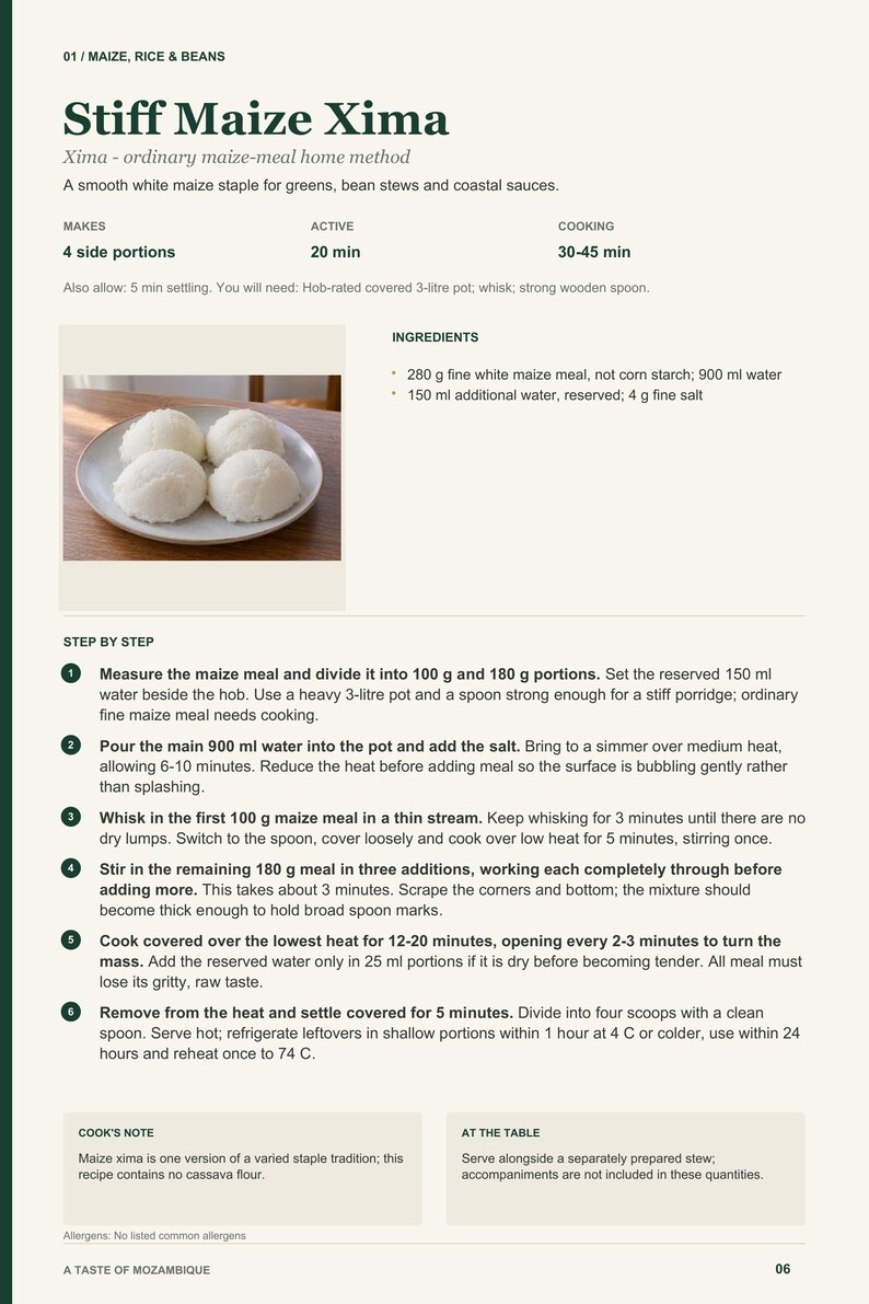 Actual PDF page 6 from A Taste of Mozambique: Stiff Maize Xima recipe page.