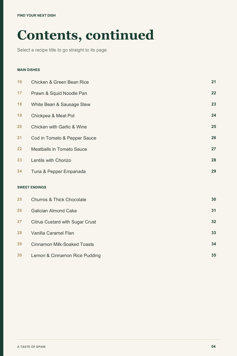 Actual PDF page 4 from A Taste of Spain: Contents, page 2.