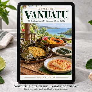 Digital cookbook mockup displaying the actual A Taste of Vanuatu cover. English PDF download only; no tablet or physical book included.