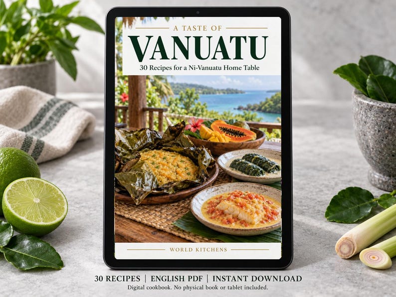 Digital cookbook mockup displaying the actual A Taste of Vanuatu cover. English PDF download only; no tablet or physical book included.