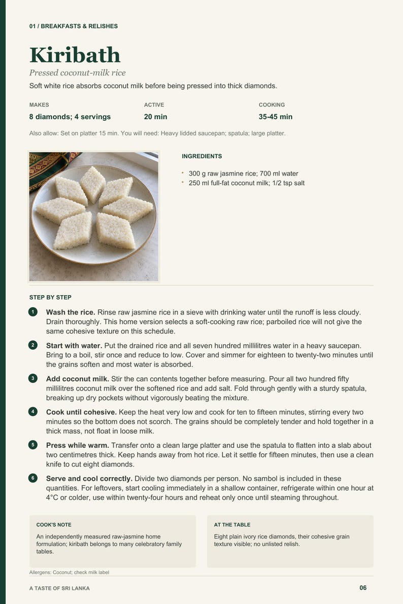 Actual PDF page 6 from A Taste of Sri Lanka: Kiribath recipe page.
