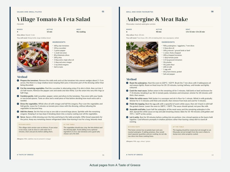 Two actual recipe pages from A Taste of Greece.