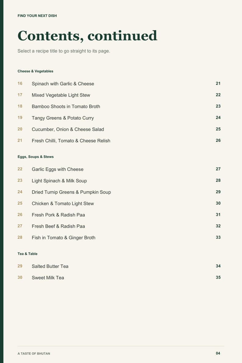 Actual PDF page 4 from A Taste of Bhutan: Contents, page 2.