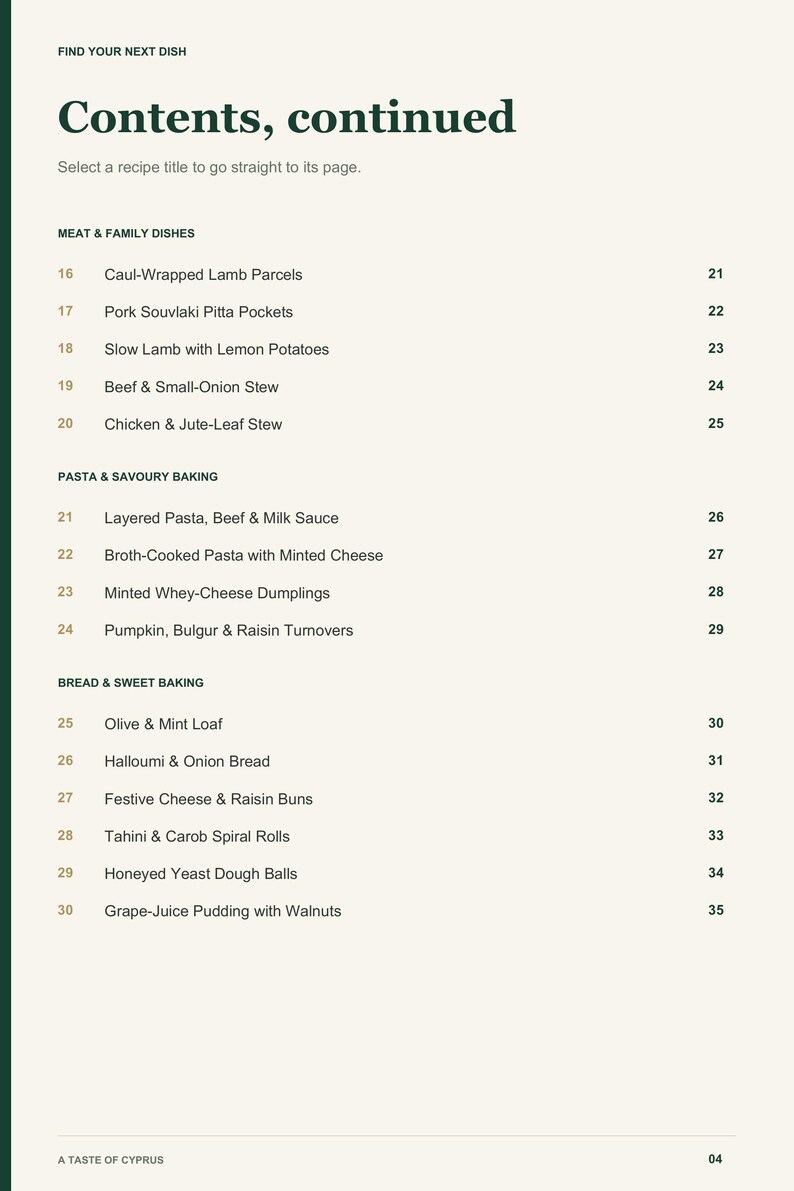 Actual PDF page 4 from A Taste of Cyprus: Contents, page 2.