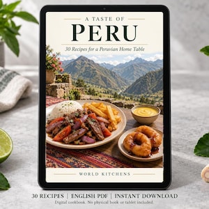 Digital cookbook mockup displaying the actual A Taste of Peru cover. English PDF download only; no tablet or physical book included.