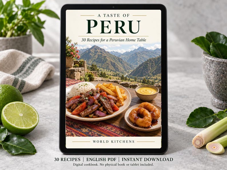 Digital cookbook mockup displaying the actual A Taste of Peru cover. English PDF download only; no tablet or physical book included.