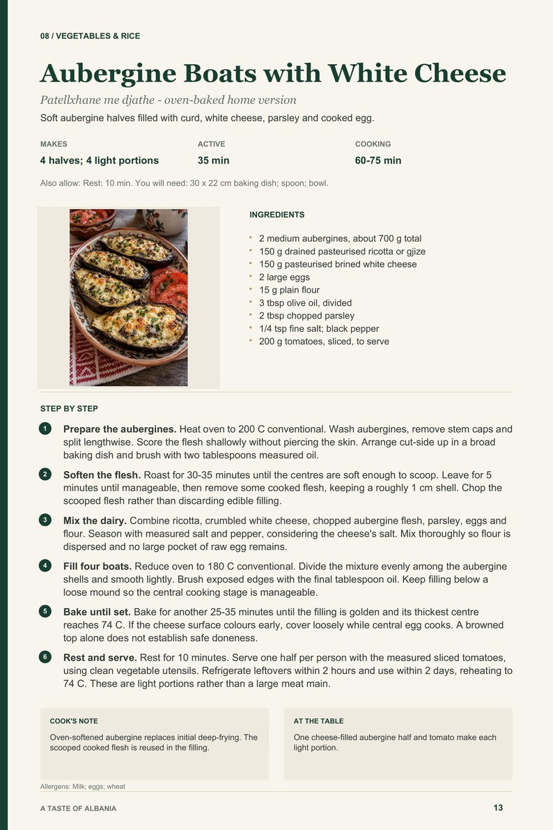 Actual PDF page 13 from A Taste of Albania: Aubergine Boats with White Cheese recipe page.